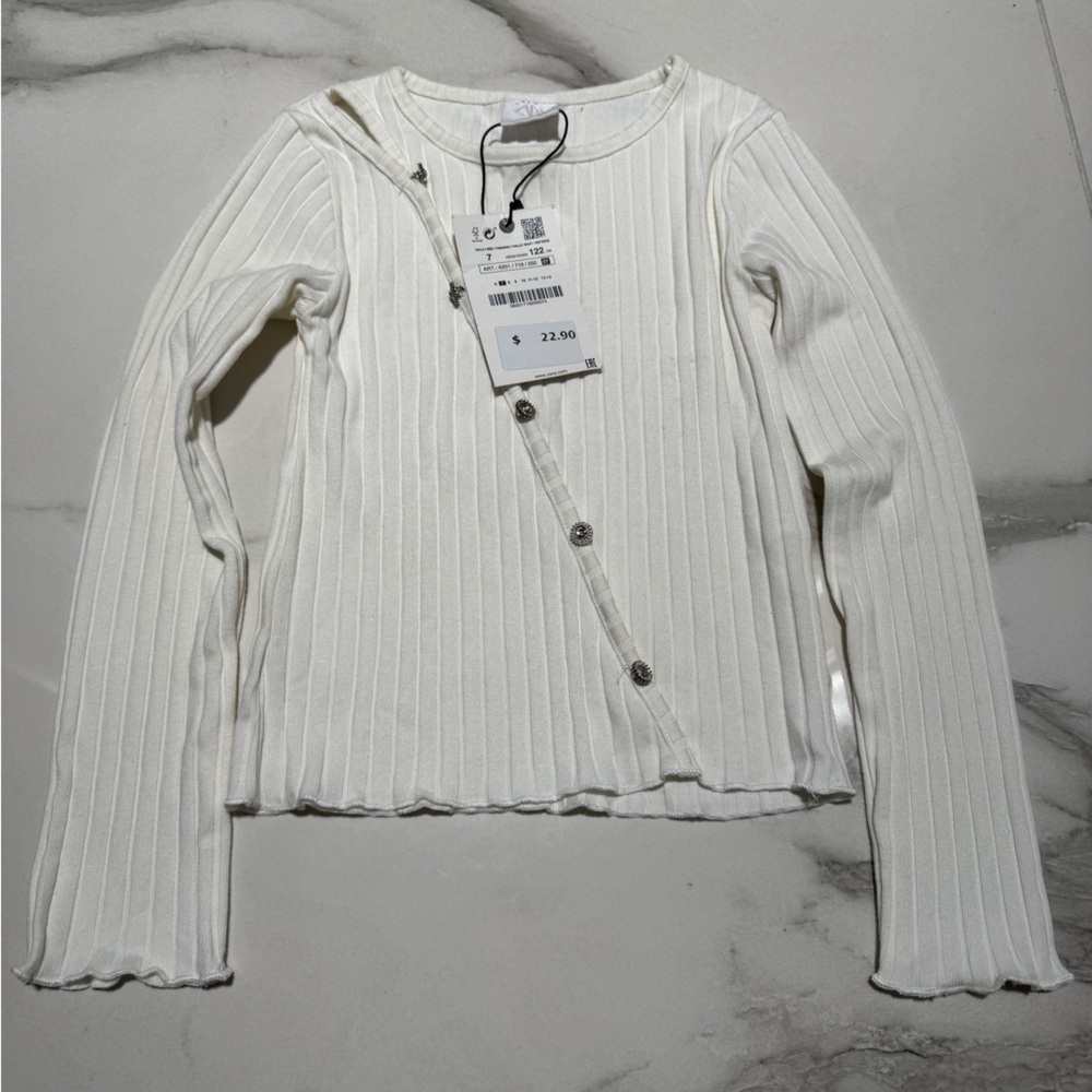 Zara White Ribbed Long Sleeve Button Cardigan
